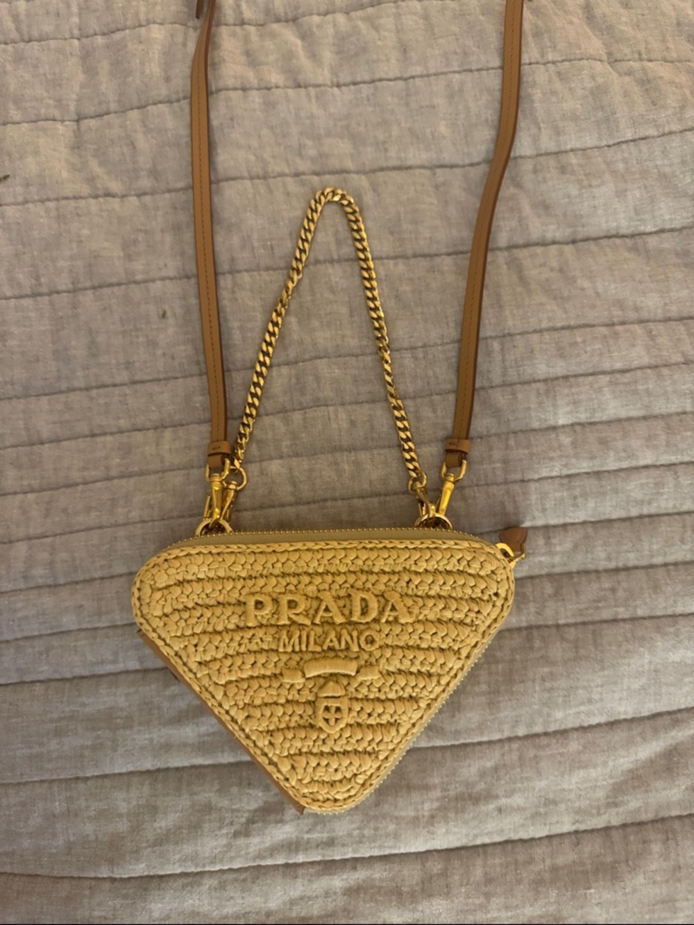 Prada Natural Woven Triangle Crossbody Bag with Gold Chain